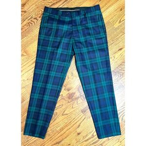 Broadsword Mens Plaid Tartan Pants Navy Green Classic Fit Dress Trousers Size 36